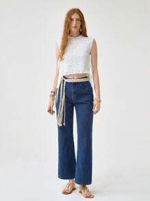 女式波西米亚度假镂空蕾丝无袖立领系带侧边宽松衬衫，夏季 - 白色 - 查看 3