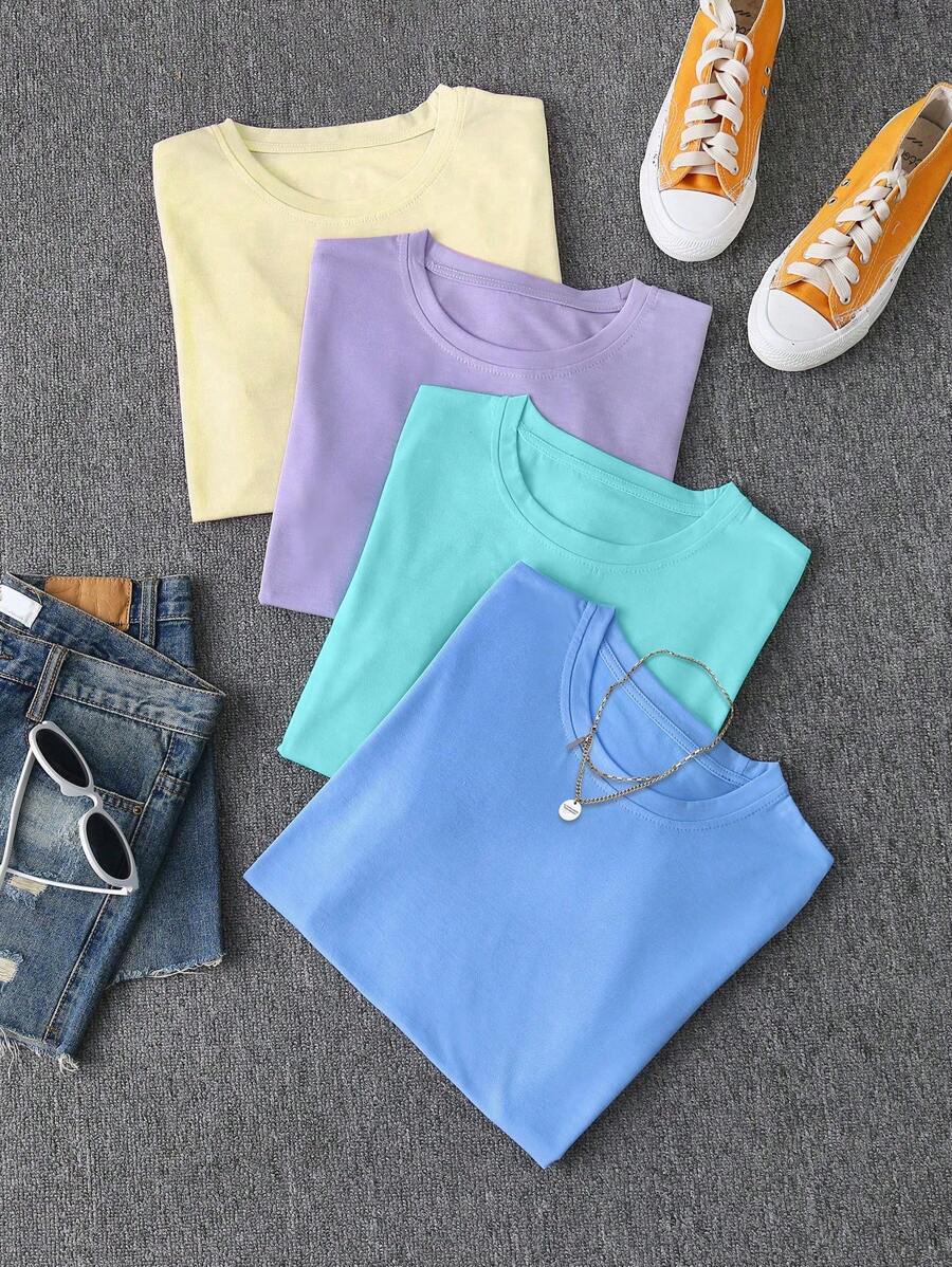 SHEIN Unity 4 件套休闲百搭纯色短袖 T 恤、基本款上衣 - 彩色 - 查看 1