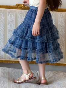 DAZY 年轻女孩松紧腰格子网纱时尚可爱韩版中长裙女童夏装 - 藍色 - 查看 1