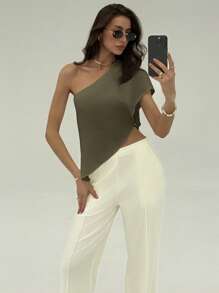 Aloruh 女式纯色不对称领口衬衫，夏季时尚 - 墨綠色 - 查看 8