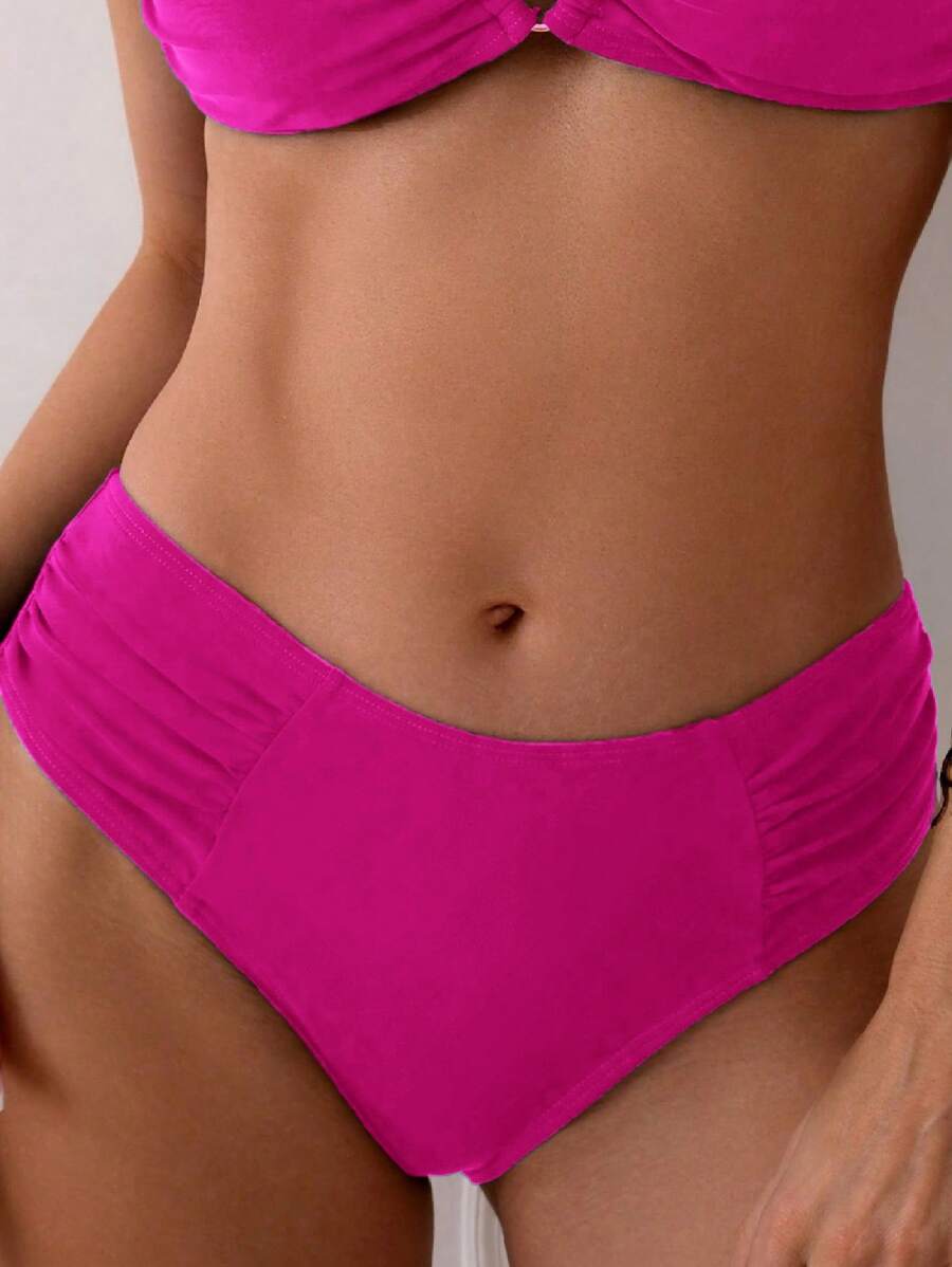Swim Basics 女士纯色褶皱粉色比基尼泳裤，夏季沙滩泳装