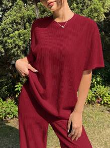 SHEIN EZwear 针织纹理宽松T恤和裤子休闲套装，夏季 - 酒紅色 - 查看 5