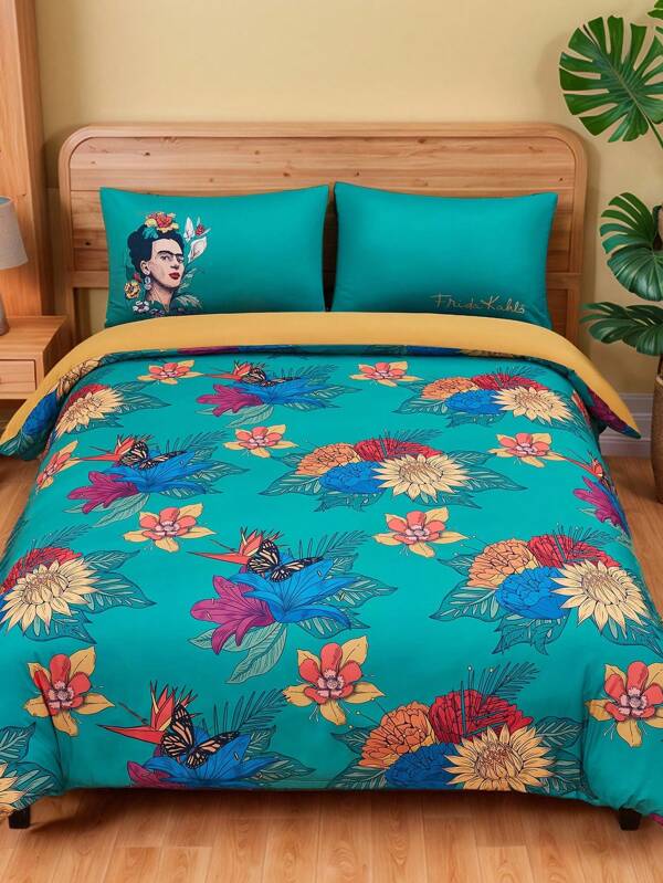 Frida Kahlo X SHEIN Juego de cubrecamas estampado vintage de 3 piezas, hecho de tela cepillada, suave y cálido, disponible en múltiples tamaños para camas individuales/dobles/queen/king