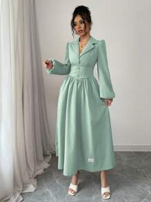 Modelyn Vestido elegante de manga larga con botones frontales de unicolor para mujer - Verde - Ver 5