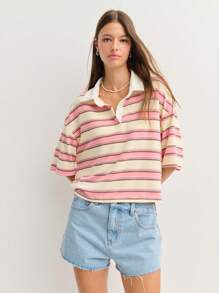 Nöista 短款 Polo 衫，条纹设计，经典白领。非常适合休闲装、校服，或为您的衣橱增添一抹运动学院风。