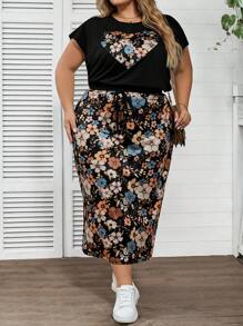 SHEIN CURVE+ 2 件套加大码短袖 T 恤和 A 字裙，休闲时尚，适合日常穿着两件套女士夏季服装女士狂欢服装节日夏季/乡村/海滩度假服装/海滩服装/海滩装 - 彩色 - 查看 5