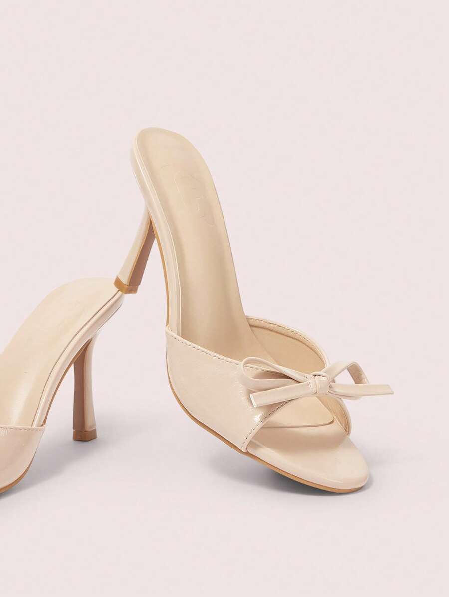 CUCCOO DOLLMOD Apricot Wrinkled Bow Decor Cute Fashion Comfy Round Toe High Heel Mules - Apricot - View 1