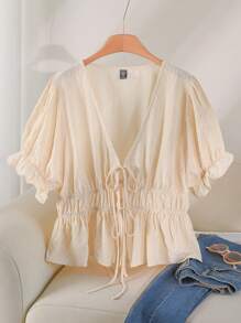 CosyJoli Camisa de manga corta con cinturón de talle para mujer de talla grande, sencilla y lisa - Albaricoque - Ver 6