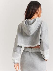 WESTFADE Terrycloth & Satin Ribbon Two Tone Sporty Long Sleeve Cropped Hoodie Sweatshirt Casual Cute Summer - Grey - View 2