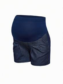SHEIN Pantalones cortos vaqueros informales de maternidad de unicolor, plisados, con parches elásticos para el verano