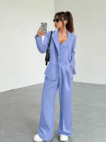 SHEIN EZwear 夏季休闲蓝色女式三件套西装：长袖西装外套 + 马甲 + 口袋裤 - 藍色 - 查看 5