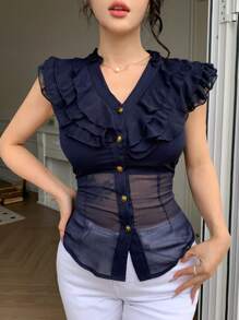 DAZY 女式多层荷叶边拼接修身性感半透明夏季雪纺开衫短袖衬衫 - 藏蓝色 - 查看 10