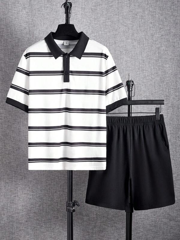 SHEIN 2pcs Youth Casual Striped Polo Shirt With Collar And Shorts Set, Versatile, Comfortable For Commute, School, Casual Wear, Sports, Spring/Summer