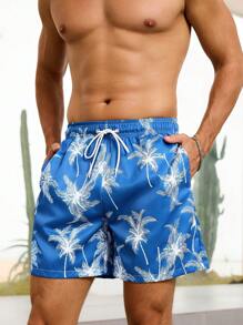 CoralVoy Men's Plant Print Pocket Drawstring Waist Beach Shorts, Suitable For Summer, Hawaiian - Blue - View 4