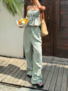 SHEIN EZwear New Women's Daily Two-Piece Set Green Cotton And Linen Tube Top Straps Suitable For Summer Vacation - Green - View 6