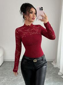 Chiquease Women's Elegant French Lace Long Sleeve T-Shirt, Fashionable Design For Summer - Burgundy - View 5