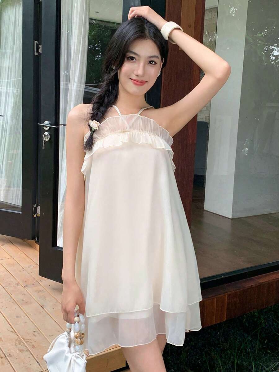 SHEIN LUNE Váy ngắn chữ A buộc cổ bèo nhún cho nữ ngọt ngào và lãng mạn - Màu vàng - Xem 1