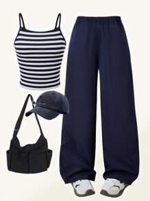 SHEIN Explorewe 2pcs/Set Tween Girl Striped Tank Top And Loose Casual Pants Set Summer Holiday - Multicolor - View 9