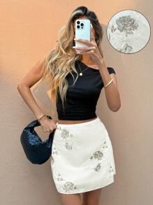 SHEIN Frenchy Women's Floral Sequin Decorated High Waist Short Skirt