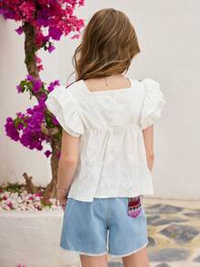 Tween-Mädchen Zweiteiliges Set mit buntem, floral besticktem Rüschensaum, doppellagigem Oberteil mit Flügelärmeln und zerrissenem, jeansfarbenen Shorts mit Quasten - Verschiedenfarbig - Übersicht 2