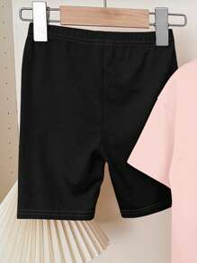 SHEIN Leap Crew 2 件套青少年女孩休闲简约短袖 T 恤和短裤套装，适合夏季 - 彩色 - 查看 4