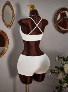 Amplova 3pcs Set: Very Short Crop Top, Extra Low Rise Mini Shorts, Mesh Shoulder Wrap - White - View 7
