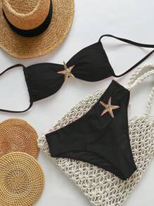 Swim Chiccia Bộ bikini 2 mảnh màu trơn dây mảnh trang trí kim loại thanh lịch cho nữ, trang phục đi biển mùa hè - màu đen - Xem 3