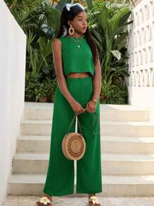 SHEIN 少女套装：纯色梭织无袖圆领背心和纯色宽松梭织长裤 - 綠色 - 查看 5