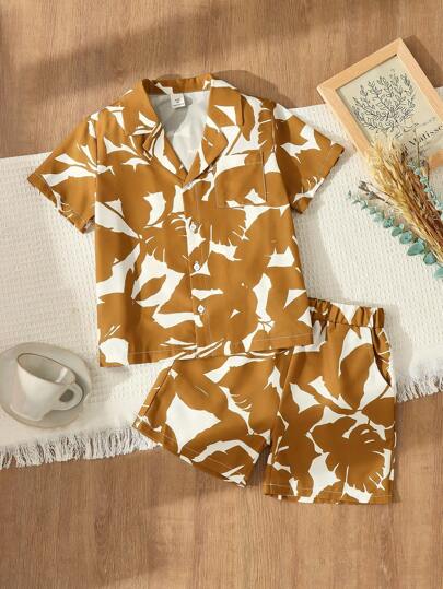 Blossori Young Boys Single-Breasted Casual Summer Shirt/Shorts Set With Botanical Print, Vacation Style