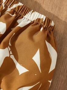 Blossori 女婴象牙色度假风格吊带背心和卡其色植物印花短裤套装 - 彩色 - 查看 5