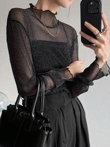 FRIFUL 女士网纱透视高领T恤，夏季性感上衣 - 黑色 - 查看 4