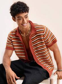 Manfinity VCAY Cardigan tricoté slim casual à rayures pour homme, pour l'automne et l'hiver - Multicolore - Voir 4