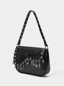 SHECARRY Bolso de hombro de metal de unicolor y versátil con ojales, apropiado para uso diario de mujeres - Negro - Ver 3