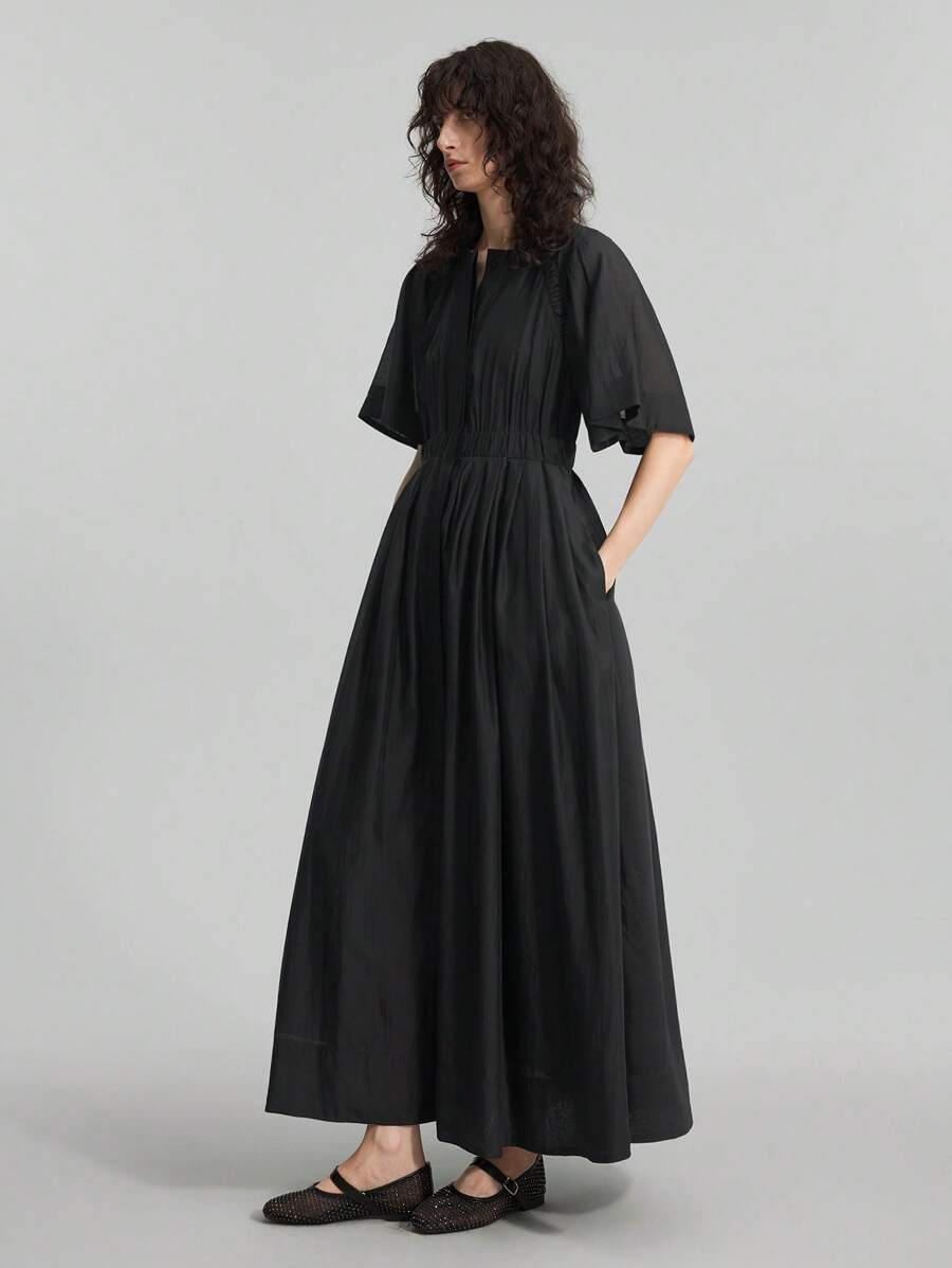 Ontre 2025夏季女士褶裥插肩袖单排扣口袋休闲黑色连衣裙，优雅女士度假长裙，女士休闲长裙，度假海滩毕业教师装，圣诞节服装，秋冬新年服装 - 黑色 - 查看 1