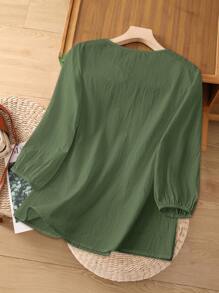 GlowEve Women V-Neck Embroidery Short Sleeve White Blouse - Army Green - View 2