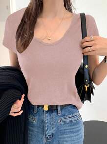 DAZY Áo thun nữ cổ tròn tay ngắn ôm dáng cơ bản màu trơn, màu nâu, thời trang xuân/hè - Hồng - Xem 3