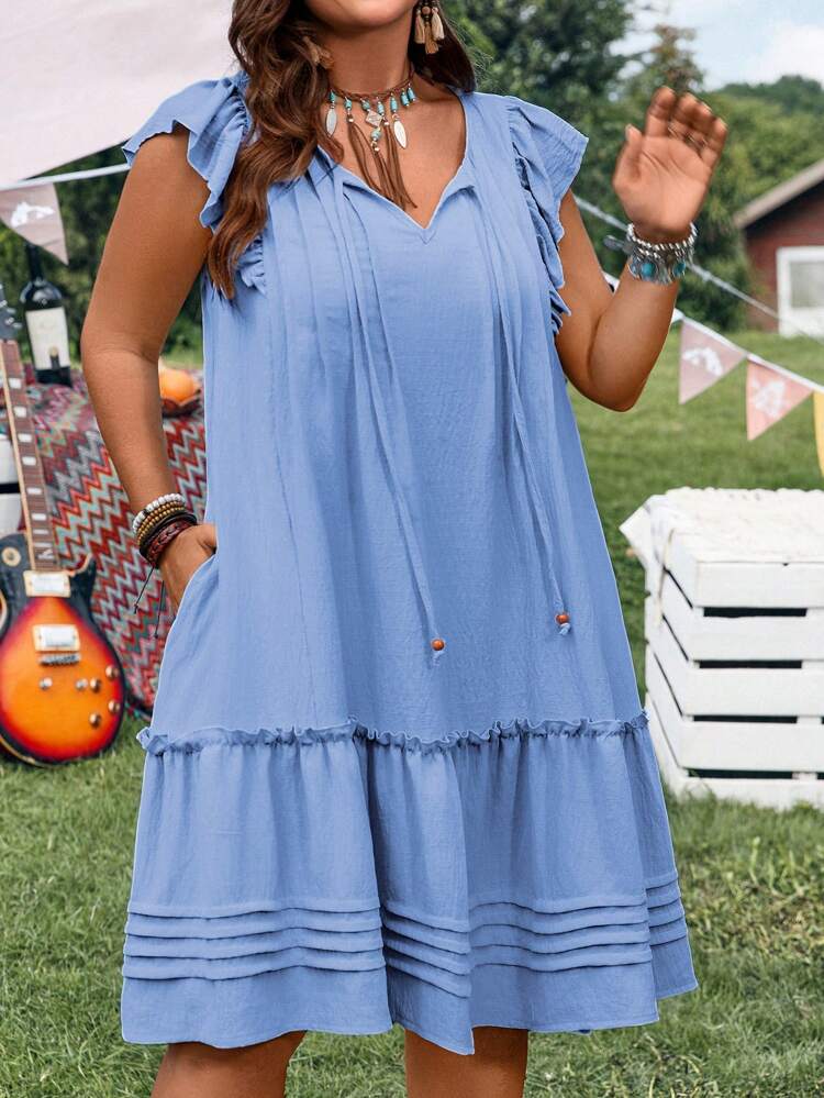 Plus Size Women's Summer Holiday Boho Blue Ruffle Sleeve Casual Dress With Pockets,Country Concert Outfit,Summer Holiday,Vacation Outfits Women,Simple And Fashionable For Everyday Wear,Vacay Vibes,Springbreak,Casual Wear SS,Bohemia,Western Wear Women ,Concert Outfit Women,Summer Dresses For Women,Dresses Casual,Flowy Dress