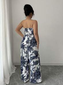 Elenzga 女式印花抹胸连体衣，收腰阔腿，优雅度假、工作、日常穿着