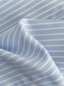 Sweetra 新款女式蝴蝶结吊带单排扣修身衬衫，条纹通勤装 - 藍白色 - 查看 5