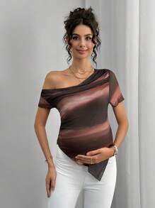 Momance Mesh Gradient Print Casual Asymmetrical Shoulder Maternity T-Shirt - Brown - View 3