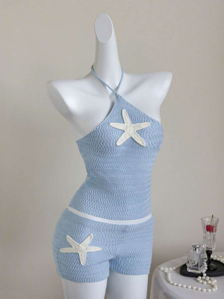 Elamini Set de 2 piezas Jersey + Pantalón corto de mujer con adorno de estrella de mar, apropiado para uso diario, vacaciones y citas