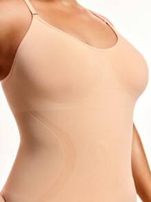 SHAPORA 大码纯色塑身连衣裙，夏季时尚 - 米色 - 查看 6