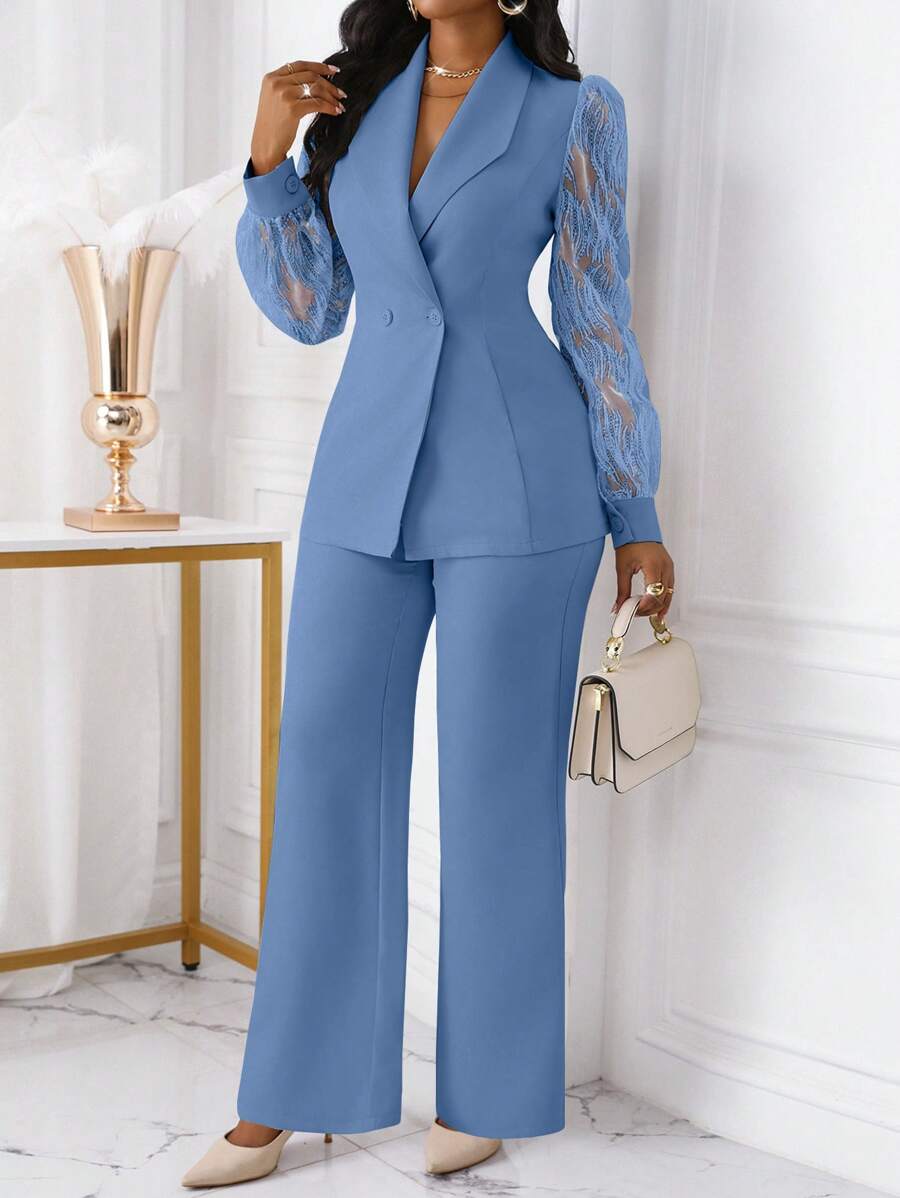 Xyvia Bộ 2 quần áo công sở nữ thêu họa tiết hai hàng khuy, áo khoác blazer bó sát và quần - Màu xanh bụi bặm - Xem 1