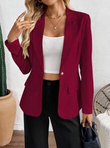 SHEIN Unity 女式素色简约长袖休闲西装外套 - 紅色 - 查看 6