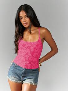 MISSGUIDED Camisola com textura floral, regata de verão, alças finas, justa, básica, em camadas, elástica, justa, primavera, casual, para o dia a dia - Rosa - Ver 4