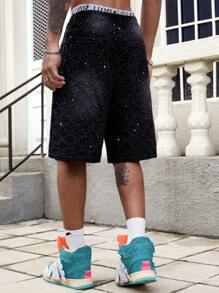 ROMWE MEN Men's Street Life Rhinestone Embellished Denim Shorts - Black - View 2