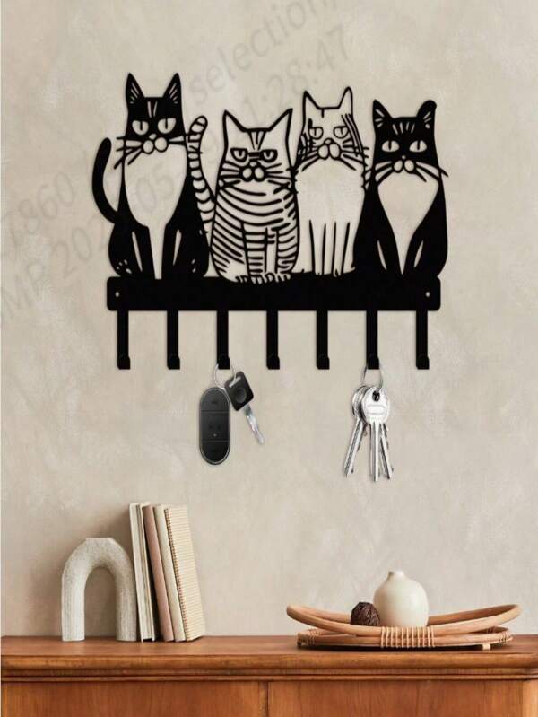 SHEIN 1 Stück Katzen-Thema Metall Wandhaken, Metall Schlüsselhalter Haken mit 7 Haken, an der Wand montierter Katzen Schlüsselorganizer Ständer für Schlüssel, Schals, Eingang, Haustür, Küche, Flur, Heim Dekoration, Zimmer Dekoration, Wand Dekoration, Geschenke zu Geburtstag und Abschluss