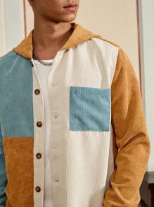SWAVVY Camicia con cappuccio in velluto a coste ampio taglio, con inserti a blocchi di colore e tasche, per uomo (senza maglietta sottostante)