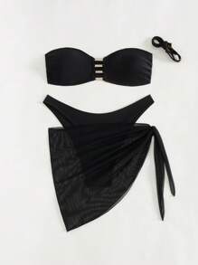 Swim Chiccia 3 pièces/Ensemble Femmes Été Plage Débardeur Crop Top Couleur Noire Unie Avec Bordure En Strass Dorés, Bas De Bikini Triangle Et Jupe Court