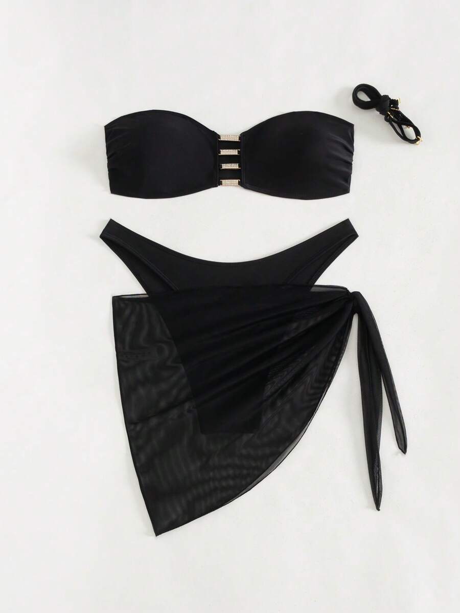 Swim Chiccia 3 pièces/Ensemble Femmes Été Plage Débardeur Crop Top Couleur Noire Unie Avec Bordure En Strass Dorés, Bas De Bikini Triangle Et Jupe Court